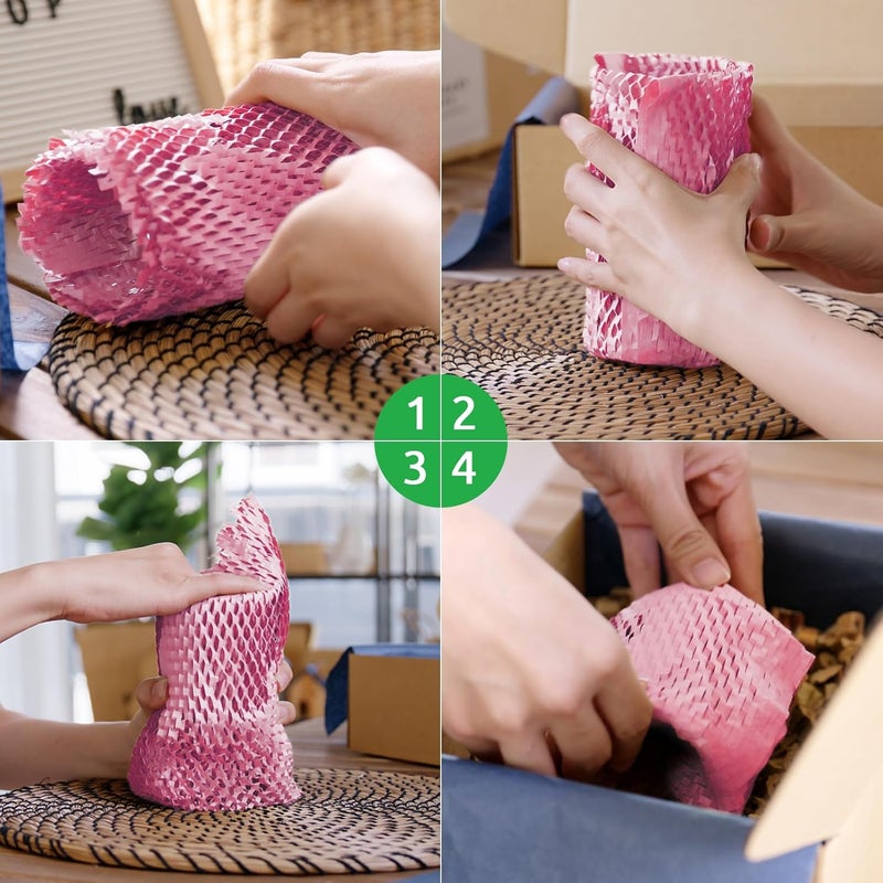 Pine nuts Honeycomb Packing Paper 15" x 131' Eco Friendly Packing Paper for Moving Recyclable Honeycomb Paper Bubble Paper Wrapping with 30 Fragile Sticker Labels and 66fthemp rope (Pink) - Image 4